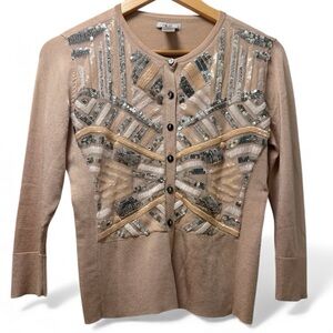 Cache Embellished Sequin Glam Holiday Nude Cardigan Sweater | Size Small